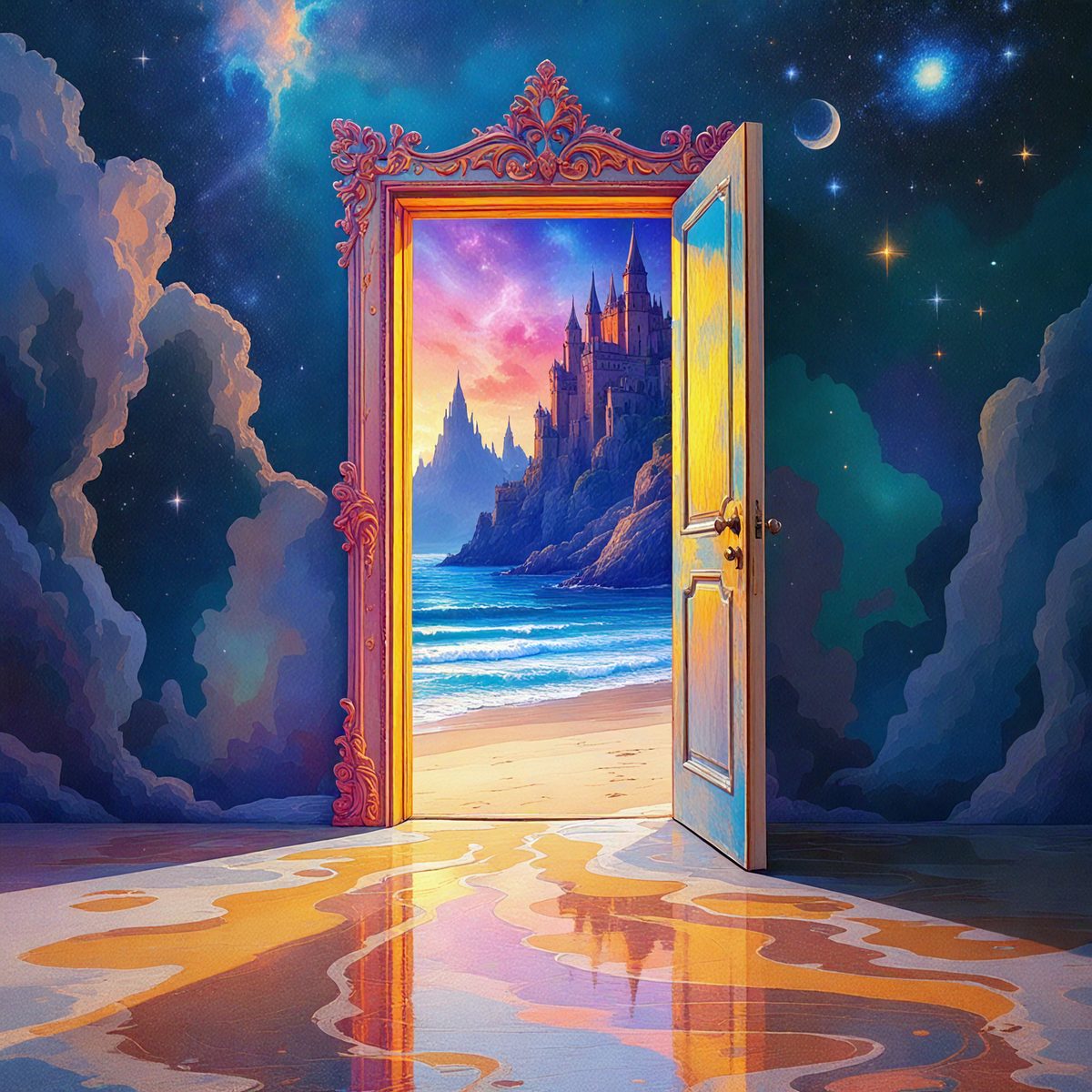 The primary subject of the image is a large, ornate door with a golden frame, which is open and inviting. The door is situated in front of a beautiful beach scene, with a castle in the background. The setting is a combination of a beach and a castle, creating a unique and visually appealing environment. The visual style of the image is a digital art or illustration, showcasing the intricate details of the door and the surrounding landscape. The colors and mood of the image are warm and inviting, with the golden frame of the door and the vibrant colors of the beach and castle creating a sense of wonder and adventure.